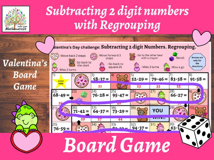 Subtracting 2 digit numbers with Regrouping Valentina’s Day board game