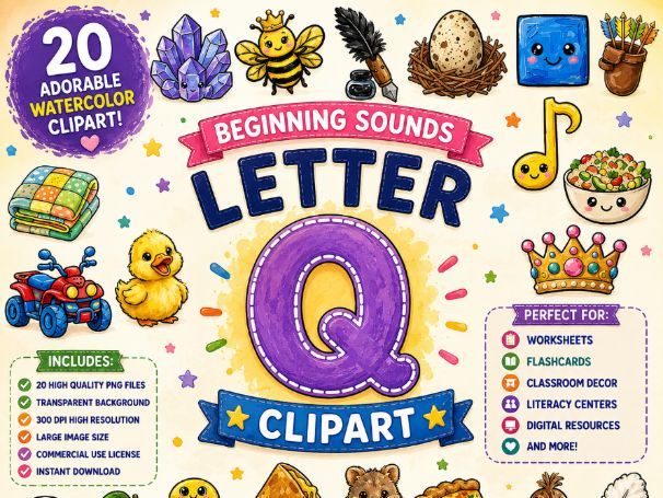 Alphabet Clipart: Letter Q Vocabulary & Phonics Images