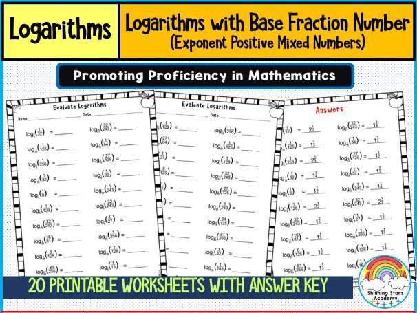 Logarithm with Base Positive Fraction (Exponent as Positive Mixed Number) Worksheets