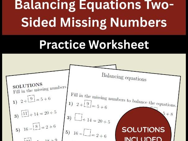 Balancing Equations Two-Sided Missing Numbers Practice Worksheet