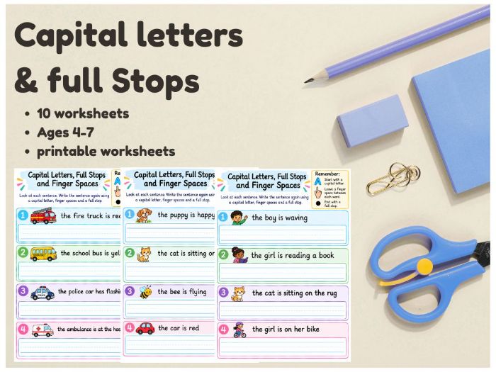 10 Capital Letters and Full Stops Worksheets aged 4-7