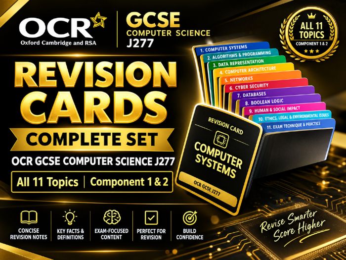Revision Cards Complete Set | OCR GCSE Computer Science J277 | All 11 Topics | Component 1 & 2