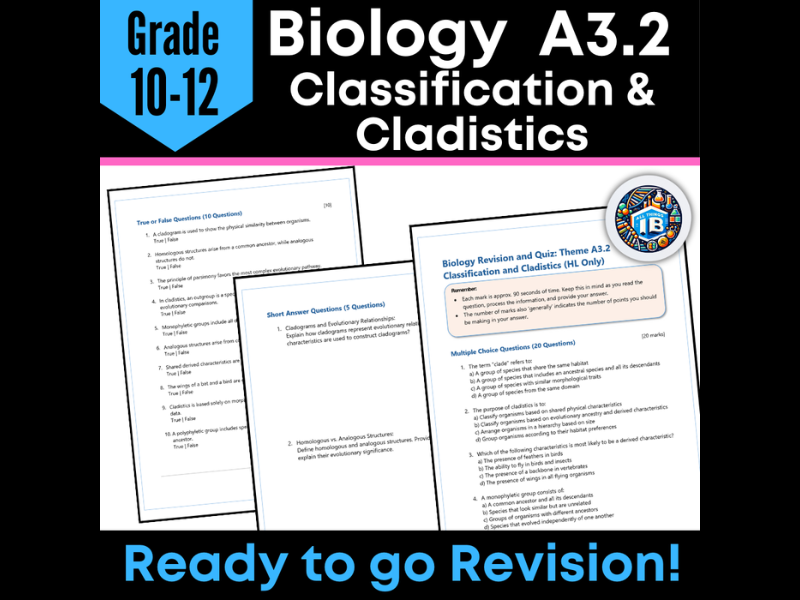 IB DP Biology A3.2 Classification and Cladistics Quiz and Revision Worksheets 2026
