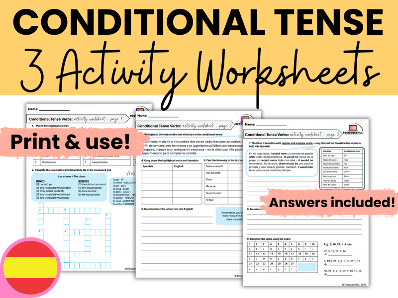 Spanish Conditional Tense Verbs -  Grammar Activity Worksheets (x3!)