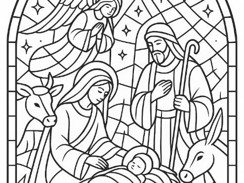 Bundle of 12 Beautiful stained glass coloring pages of Christmas Nativity Crib