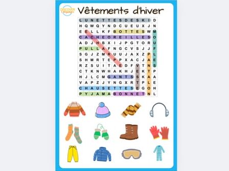 French Winter Clothes Beginner Vocabulary Poster Worksheet Wordsearch