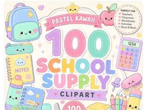 school supply clip art pastel Kawaii Classroom Graphics for Teachers