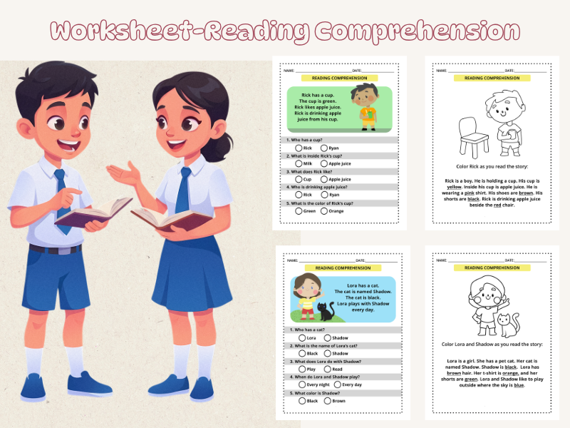 Kindergarten Reading Comprehension Passages and Questions | Read and Color Worksheets