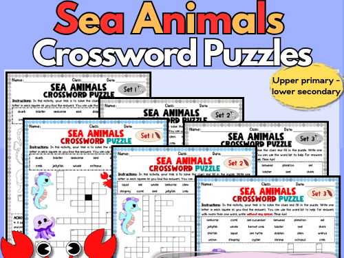Sea Animals Colour / B&W Differentiated Crossword Printables with Word Bank
