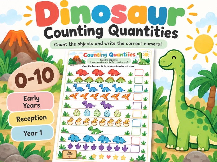 Dinosaur Counting Quantities 0-10 | EYFS & KS1 Maths Worksheet