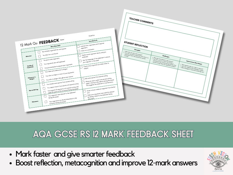 GCSE RS AQA 12 Mark Feedback Sheet | Quick Marking, Targeted Feedback & Reflection Tool