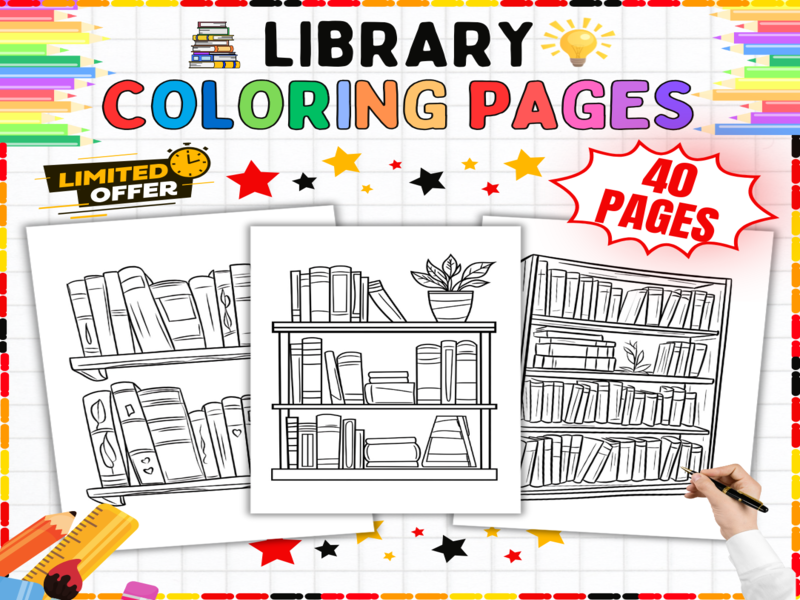 Library Coloring Pages | Books Bookshelves Reading Art Activity Worksheets | Fine Motor Skills