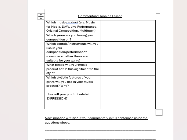 BTEC Tech Award in Music Practice - Component 1 - Commentary Planning Tool