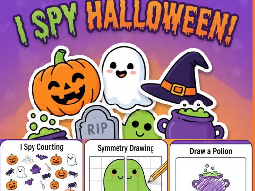 My Spooky Halloween Activity Book: I Spy, Symmetry Drawing & Read & Draw Workshe