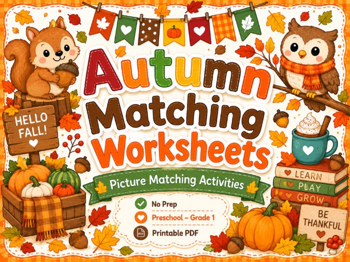 Autumn Matching Worksheets | Fall Picture, Letters, Numbers & Shapes Activities | Preschool–1st