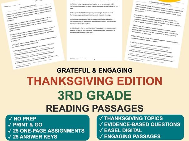 3rd Grade Reading Comprehension Passages | Thanksgiving Edition Bundle (25 Pack)