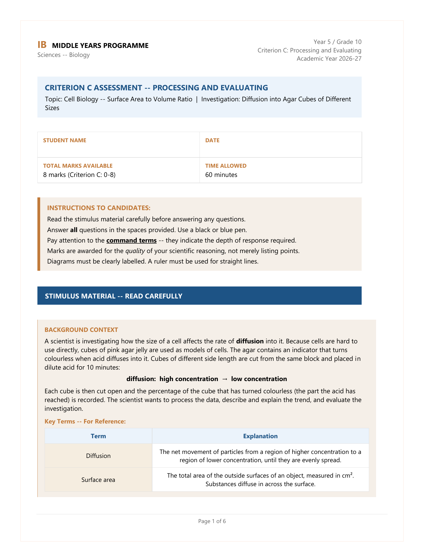 Criterion Task Testing MYP Grade 10 Biology: 3 Criterion C Assessment Tasks - Cell Biology ...