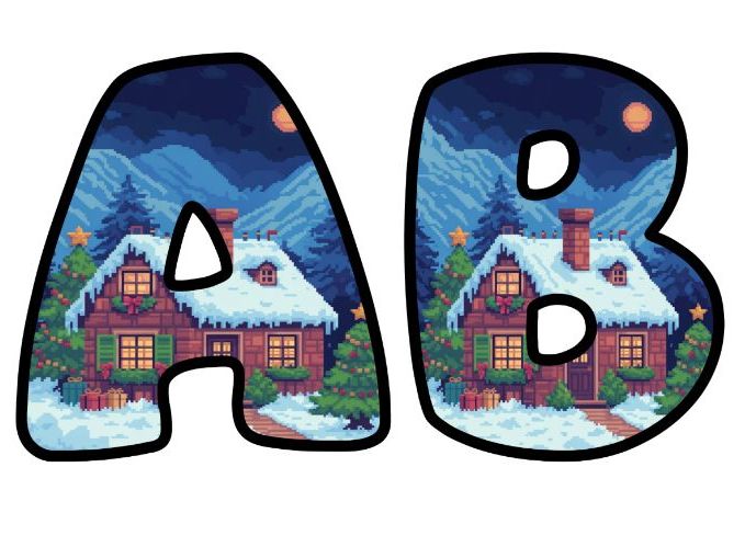 Christmas Log Cabin Retro 8-Bit Pixel Alphabet Letters | Classroom Display, A-Z 0-9