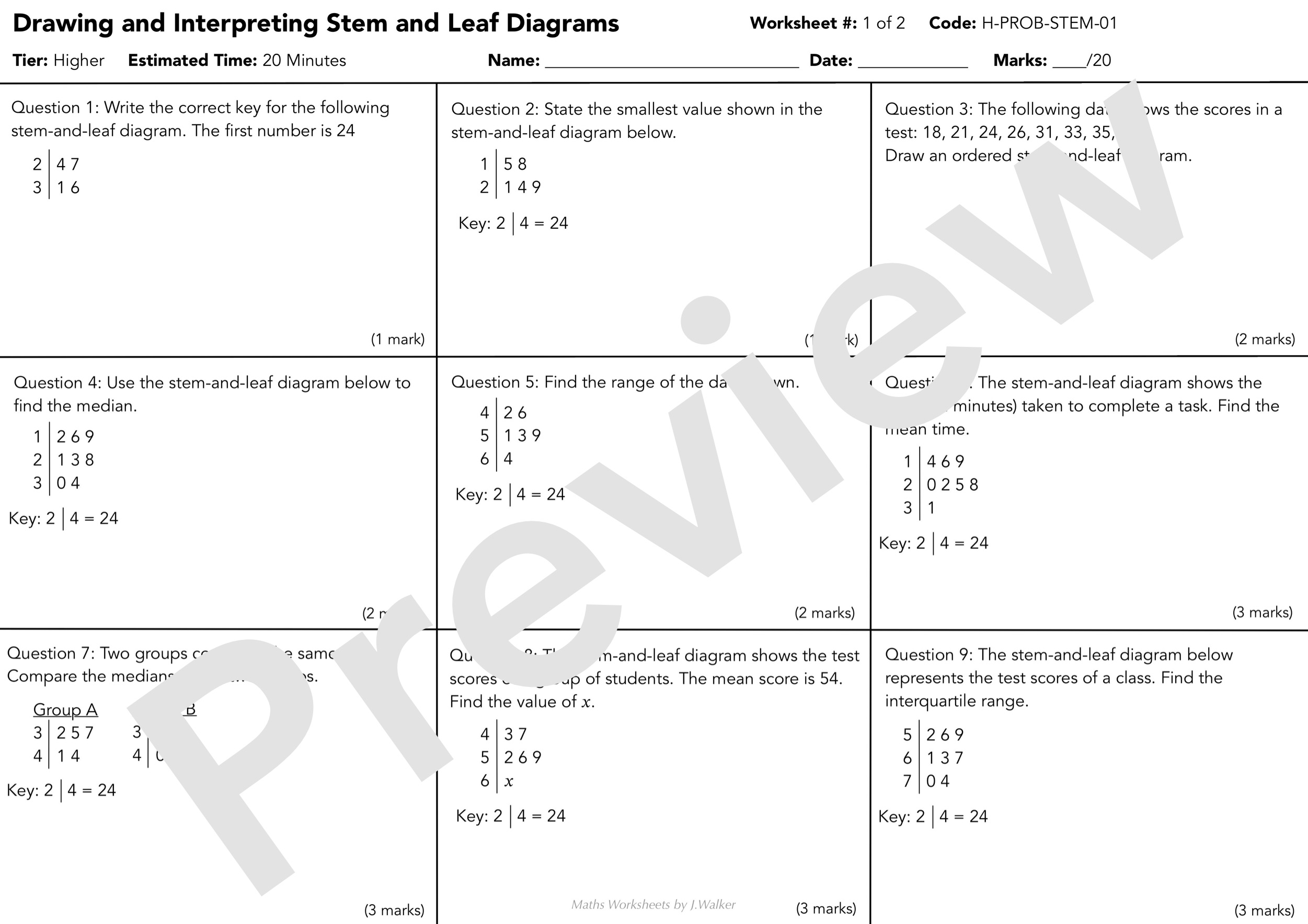 GCSE Maths Worksheet: Drawing and Interpreting Stem and Leaf Diagrams ...