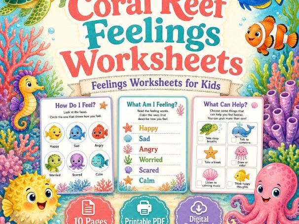 Coral Reef Feelings Worksheets | Feelings Worksheets for Kids | Printable PDF | Digital Download