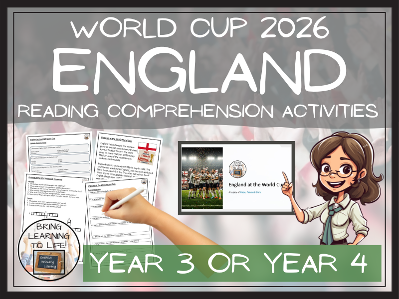 England World Cup 2026 Reading Comprehension Activities | Year 3 or Year 4