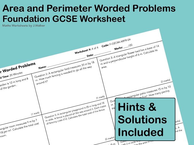 GCSE Maths Worksheet: Area and Perimeter Worded Problems - Foundation Tier