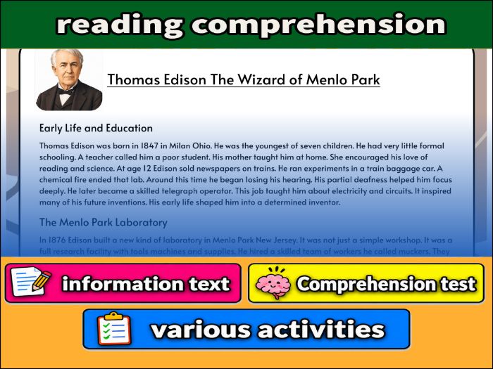 Thomas Edison The Wizard of Menlo Park- Reading Comprehension, Worksheet & Activities