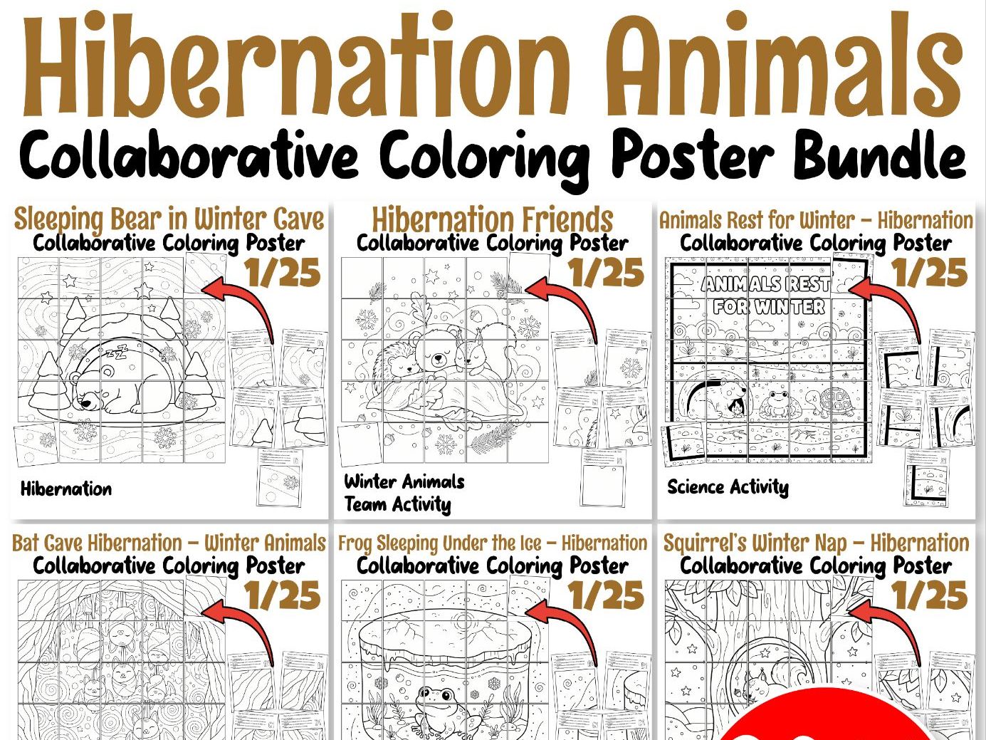 Hibernation Animals Collaborative Coloring Posters Bundle | Winter Science Activity