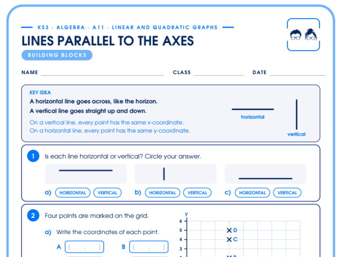 Lines Parallel to the Axes (x = a, y = b) | 4-Tier Differentiated Worksheet | KS3 + Answers