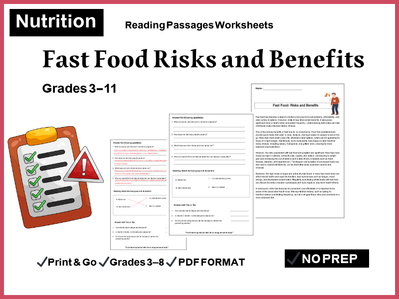 Fast Food Risks and Benefits Reading Comprehension Passages & Questions Worksheets