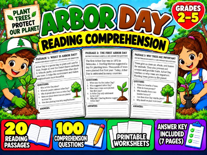 Arbor Day Reading Comprehension | 20 Passages with Answer Key