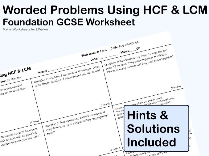 GCSE Maths Worksheet: Worded Problems Using HCF & LCM - Foundation Tier