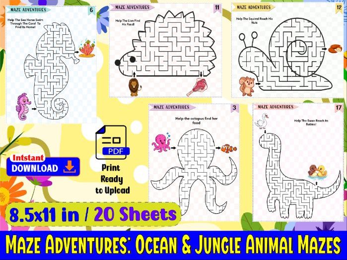 Maze Adventures: Ocean & Jungle Animal Mazes | 20 No-Prep Printables