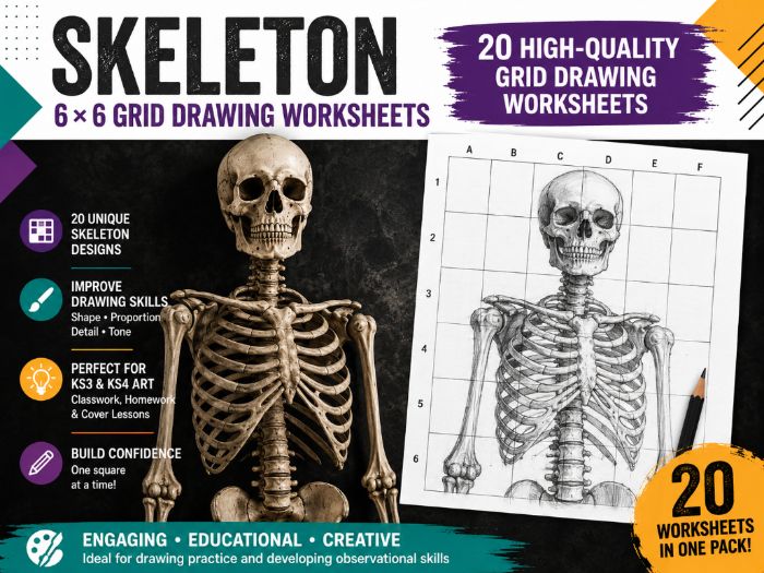 Skeleton Grid Drawing Worksheets | 20 Anatomy & Halloween Art Activities | KS3 KS4