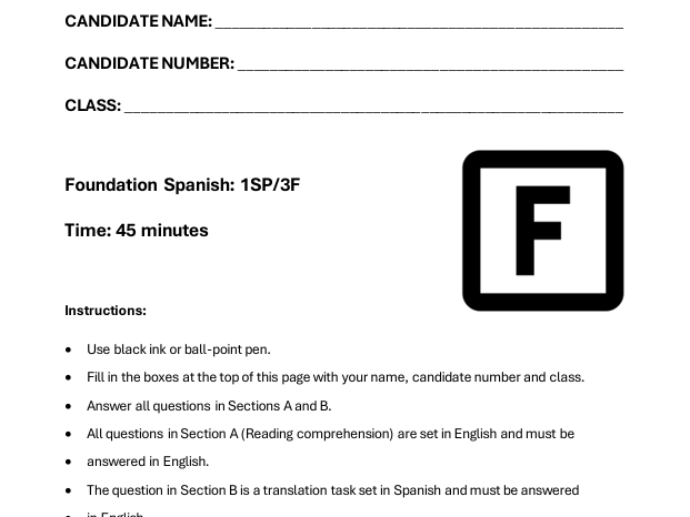 GCSE Spanish Reading Paper (Pearsons Edexcel) – Complete Resource with Mark Scheme