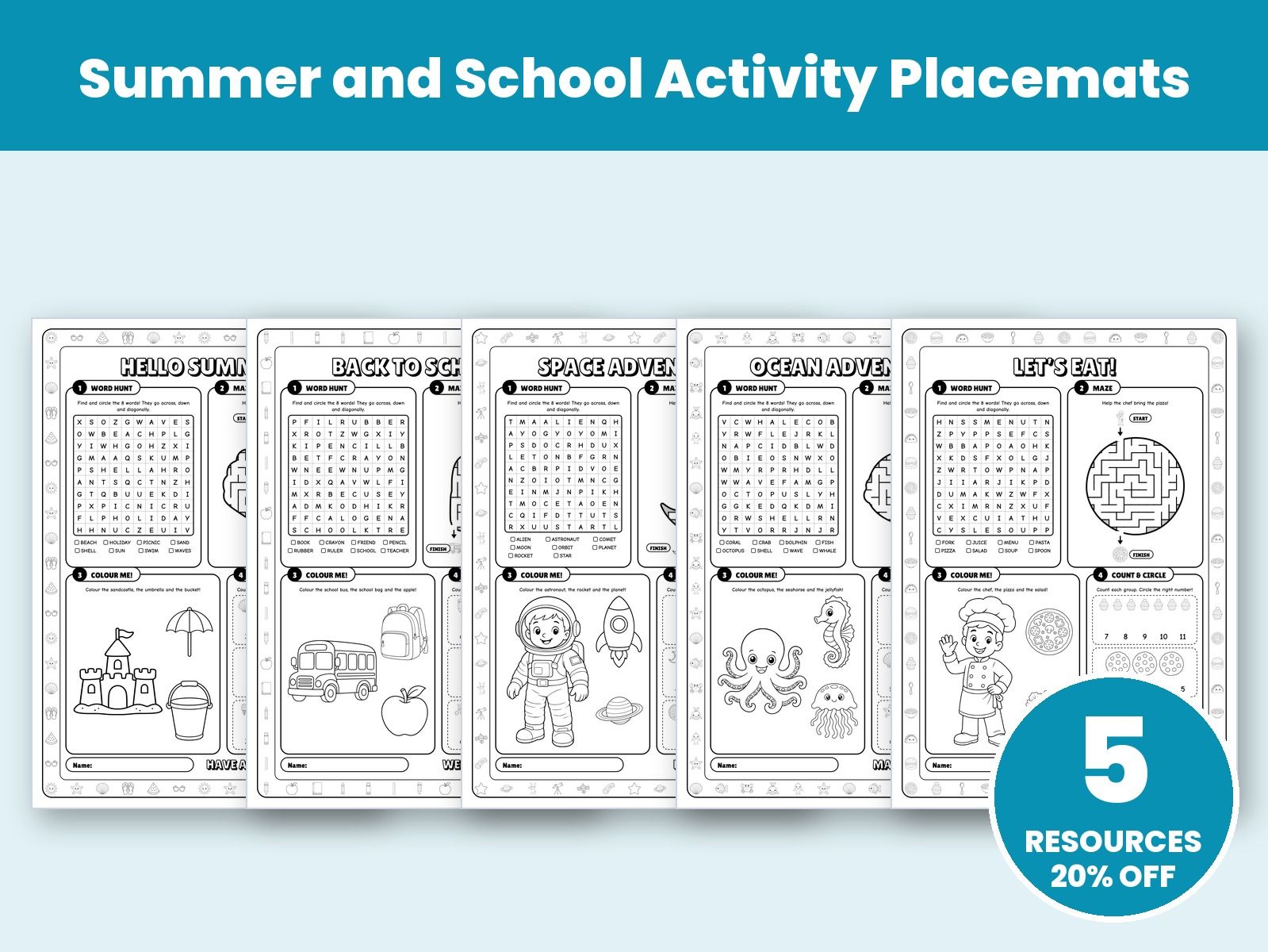 Summer and School Activity Placemats