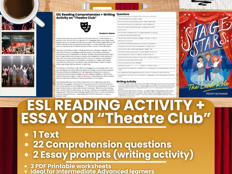 ESL Reading Comprehension + Writing Activity Worksheets on Theatre Club