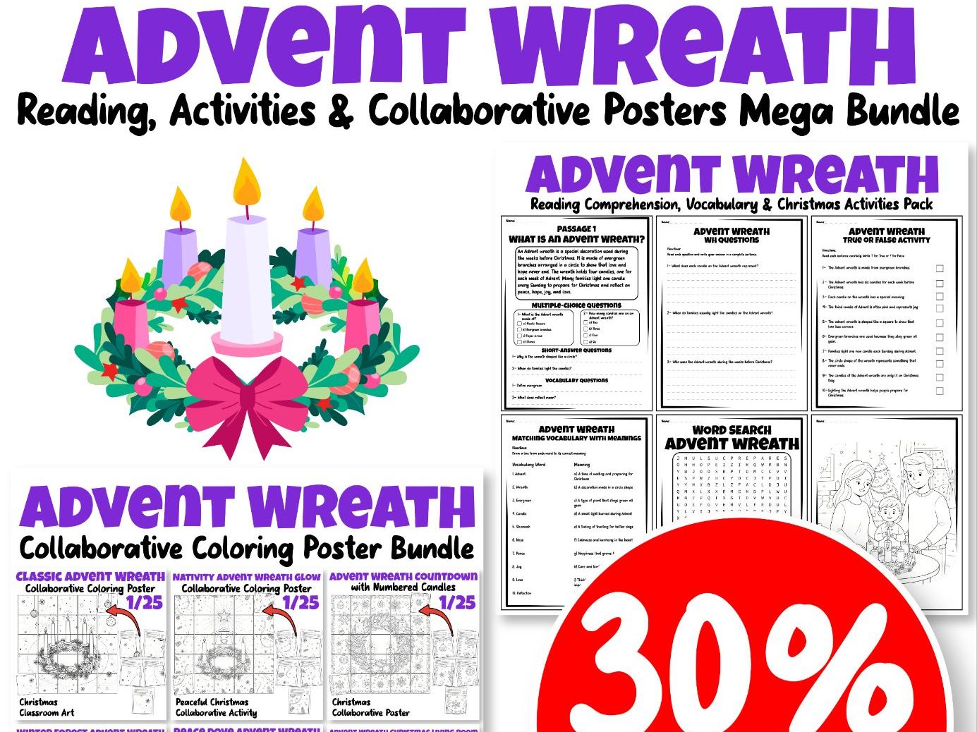 Advent Wreath Reading, Activities & Collaborative Posters Mega Bundle