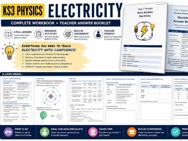 KS3  Physics Electricity Workbook + Teacher Answer Booklet FULL UNIT