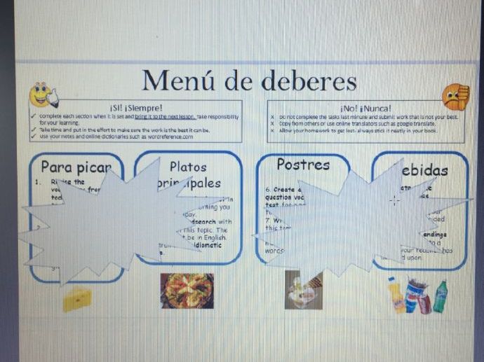 KS3 Spanish homework menu