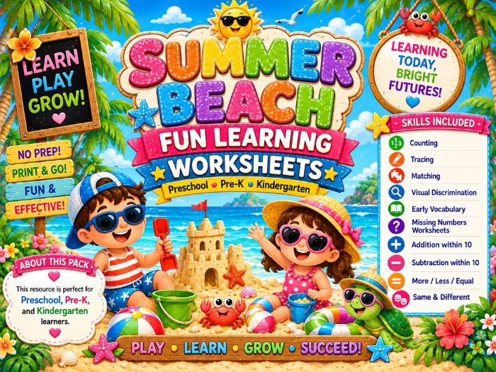 Summer Beach Worksheets for Pre-K & Kindergarten | Counting, Tracing & Early Math