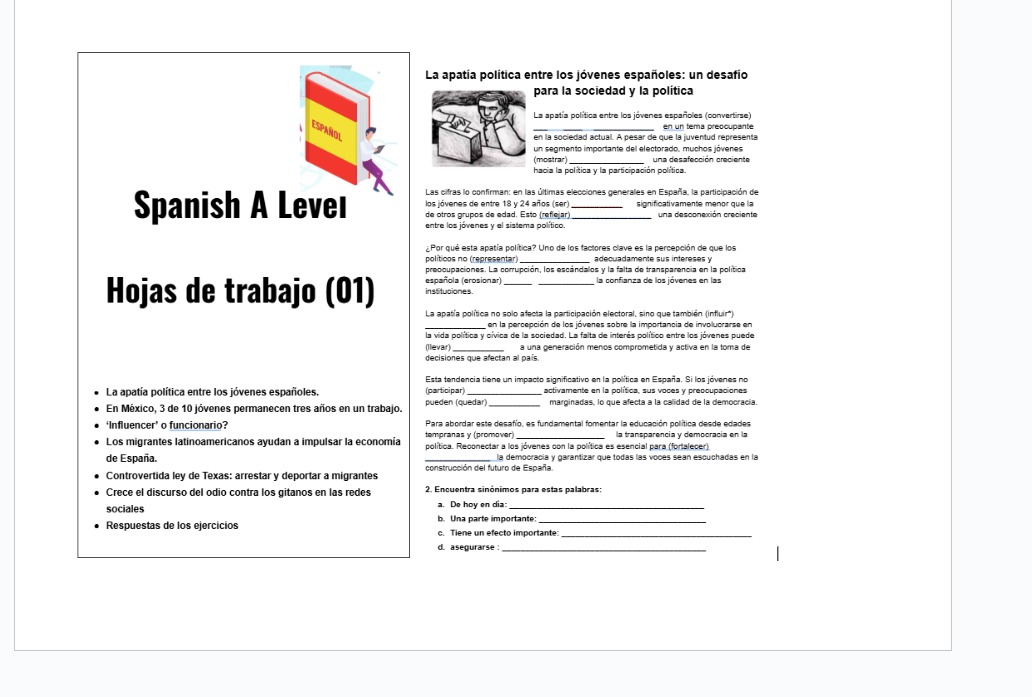 Spanish Alevel Worksheets + Answers Y13 topics | Teaching Resources