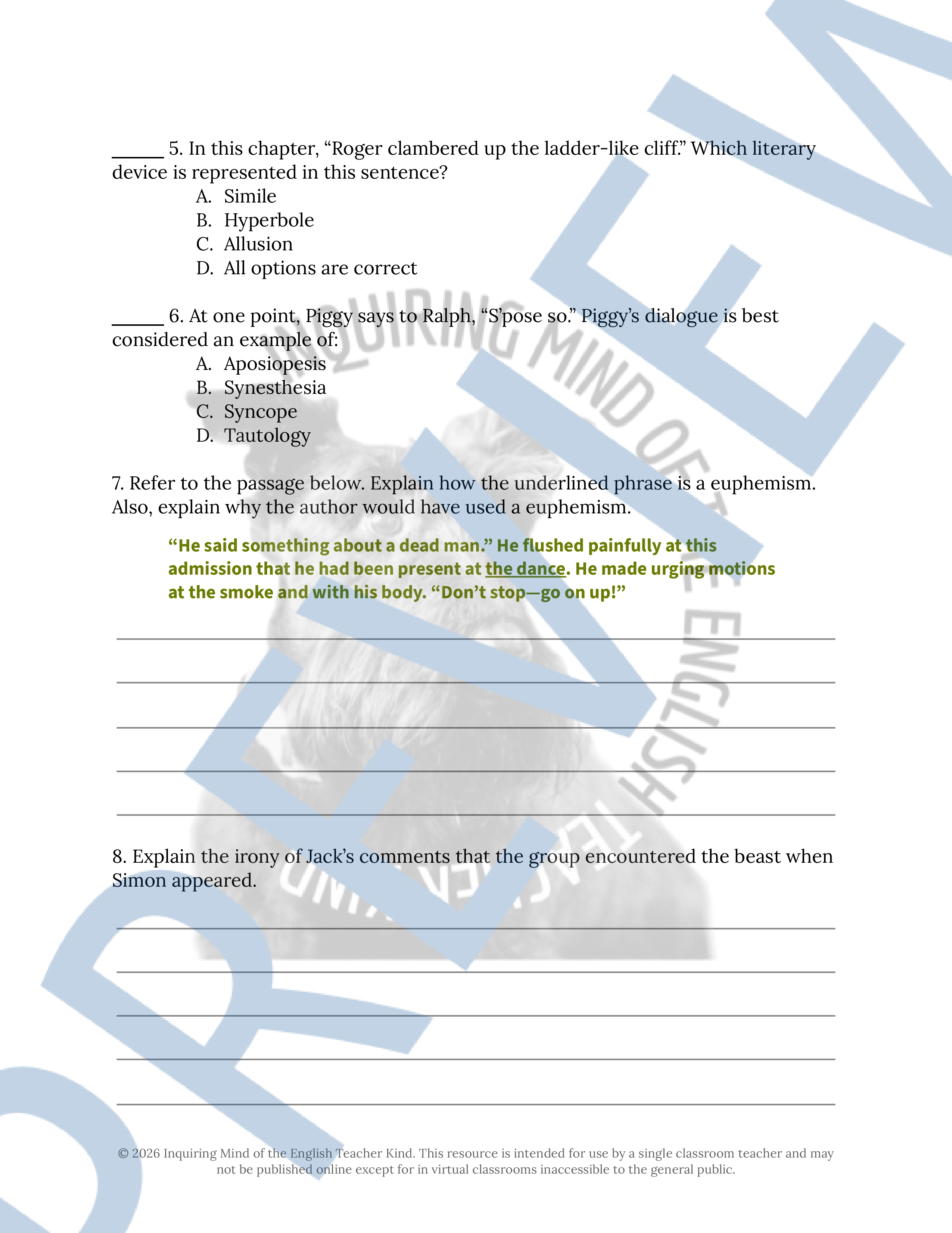 Lord of the Flies Chapter 10 Close Reading Analysis Worksheet ...