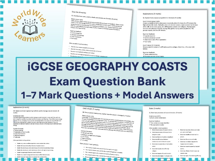 IGCSE Geography – Coasts Exam Question Pack (1–7 Mark Questions, Model Answers & Feedback)