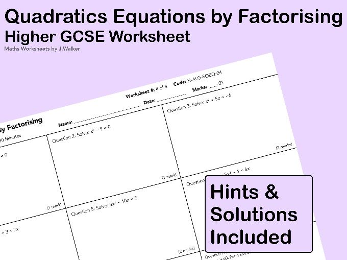 GCSE Maths Worksheet: Quadratic Equations by Factorising - Higher Tier