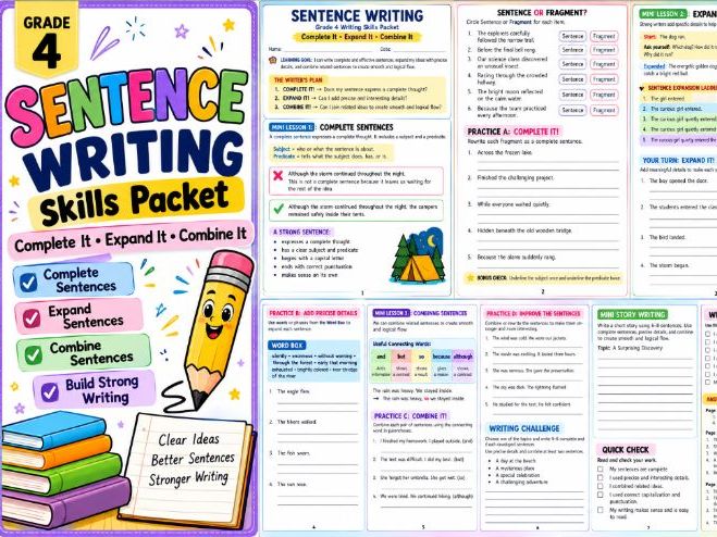Grade 4 Sentence Writing Skills Packet | Complete, Expand & Combine Sentences