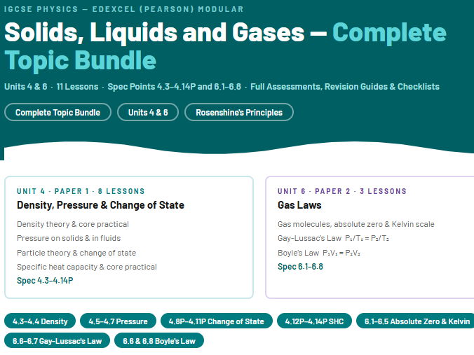 IGCSE Physics | Solids, Liquids and Gases — Complete Topic Bundle (Units 4 & 6) | Edexcel Modular