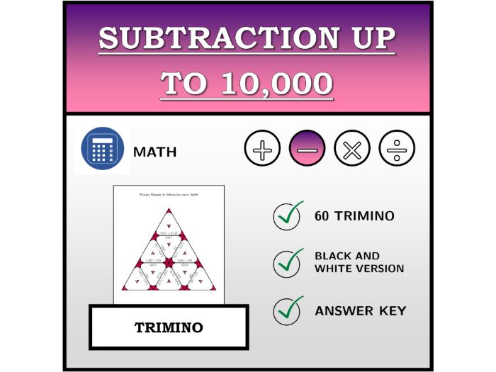 Trimino | Subtraction up to 10,000 | Math Activity