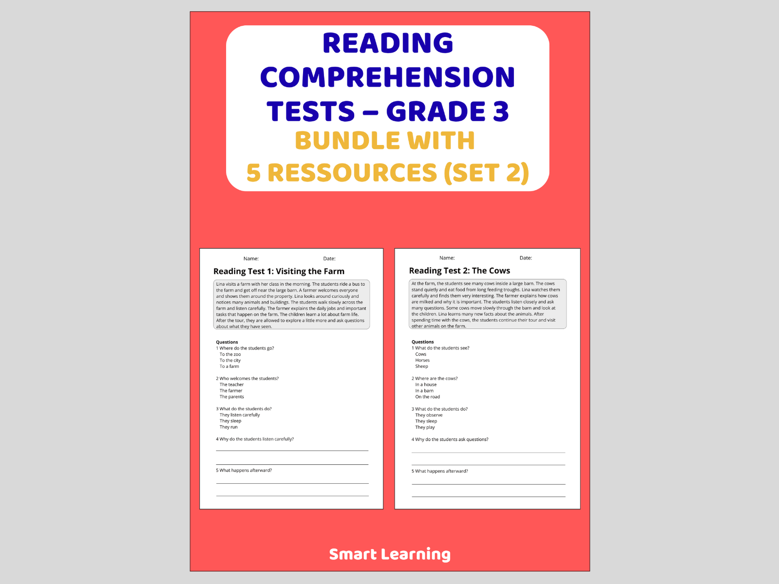 Reading Comprehension Test Grade 3 - Bundle 5 Materials Reading Assessments Set 2