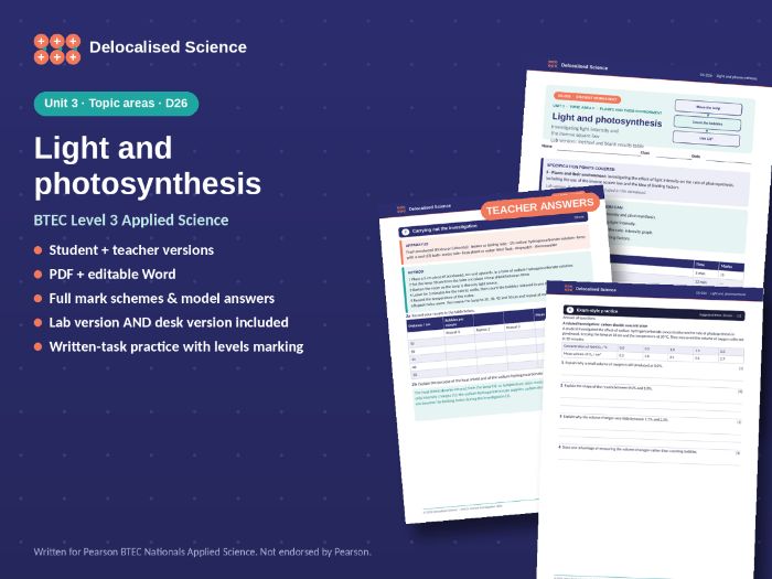 BTEC Applied Science Unit 3: Light and photosynthesis (D26) - worksheet + answers